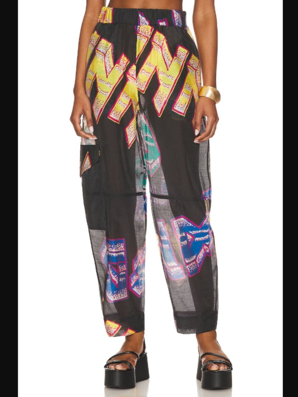 Ganni Elasticated Curve Printed Sheer Voile Pants in Phantom Size 36 / US 4